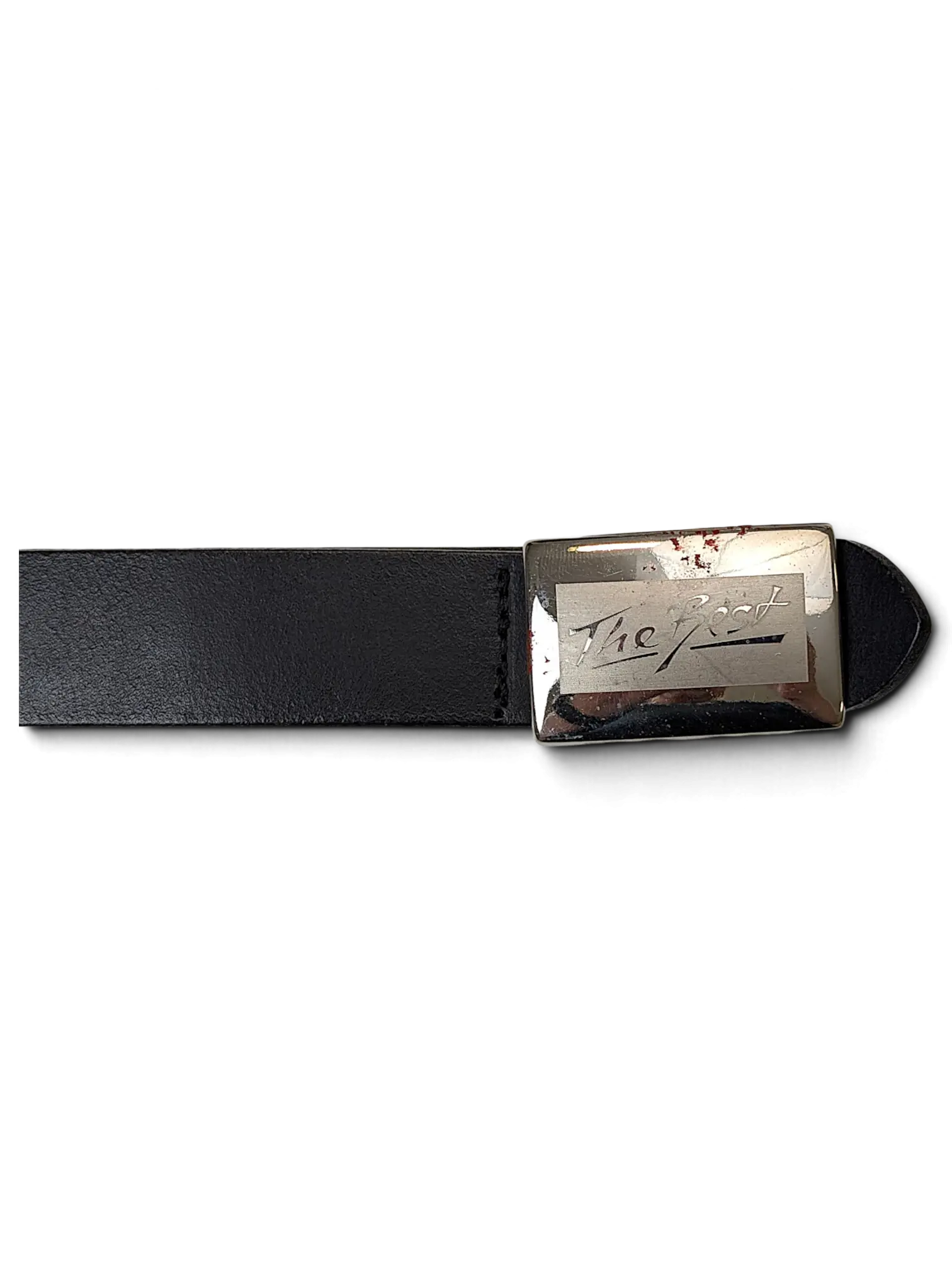 JAKE & IPI black leather belt featuring a rectangular silver metal buckle with The Best engraved on the front