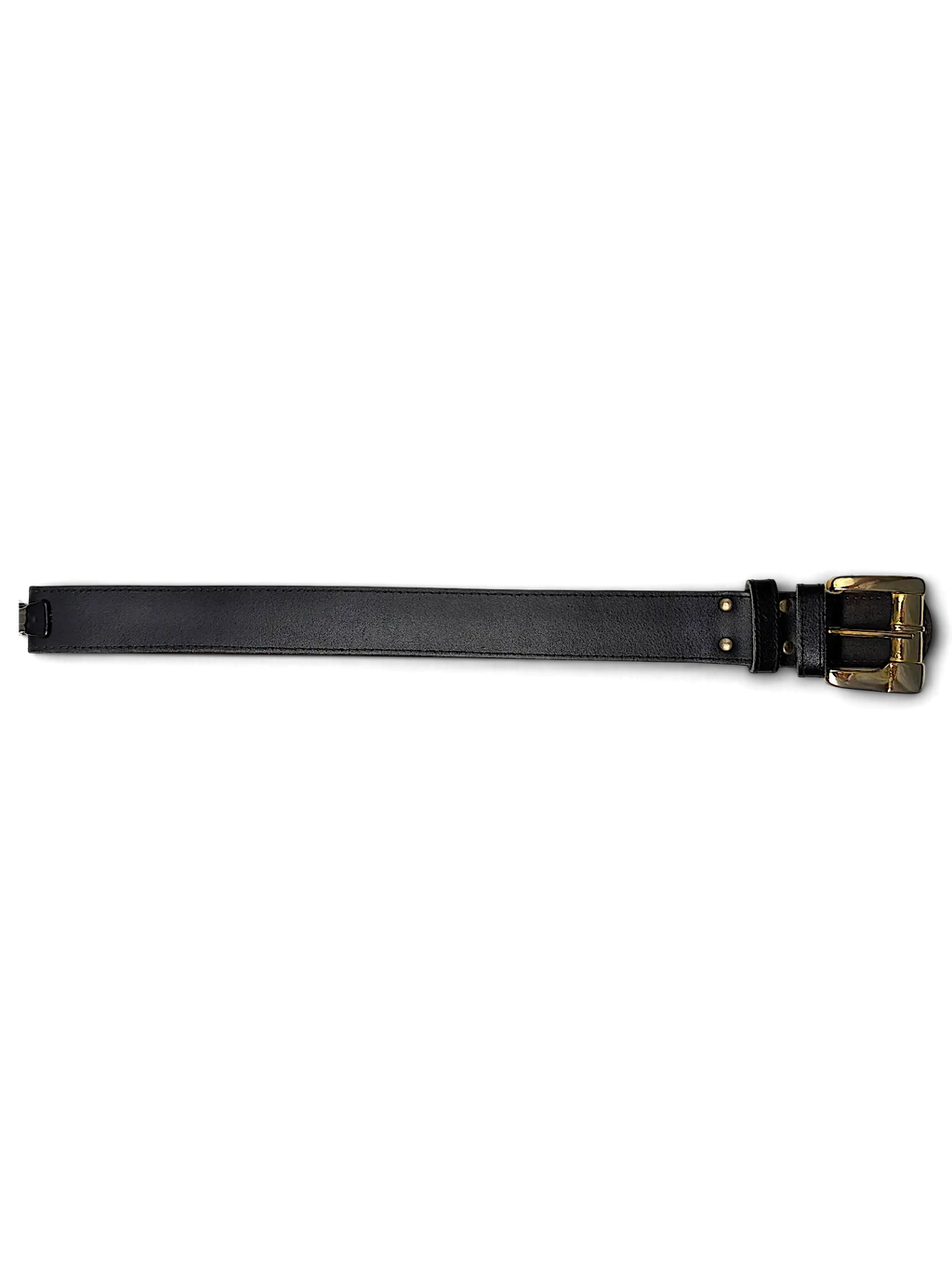 JAKE & IPI black leather belt featuring a polished gold buckle and matching hardware against a white background.