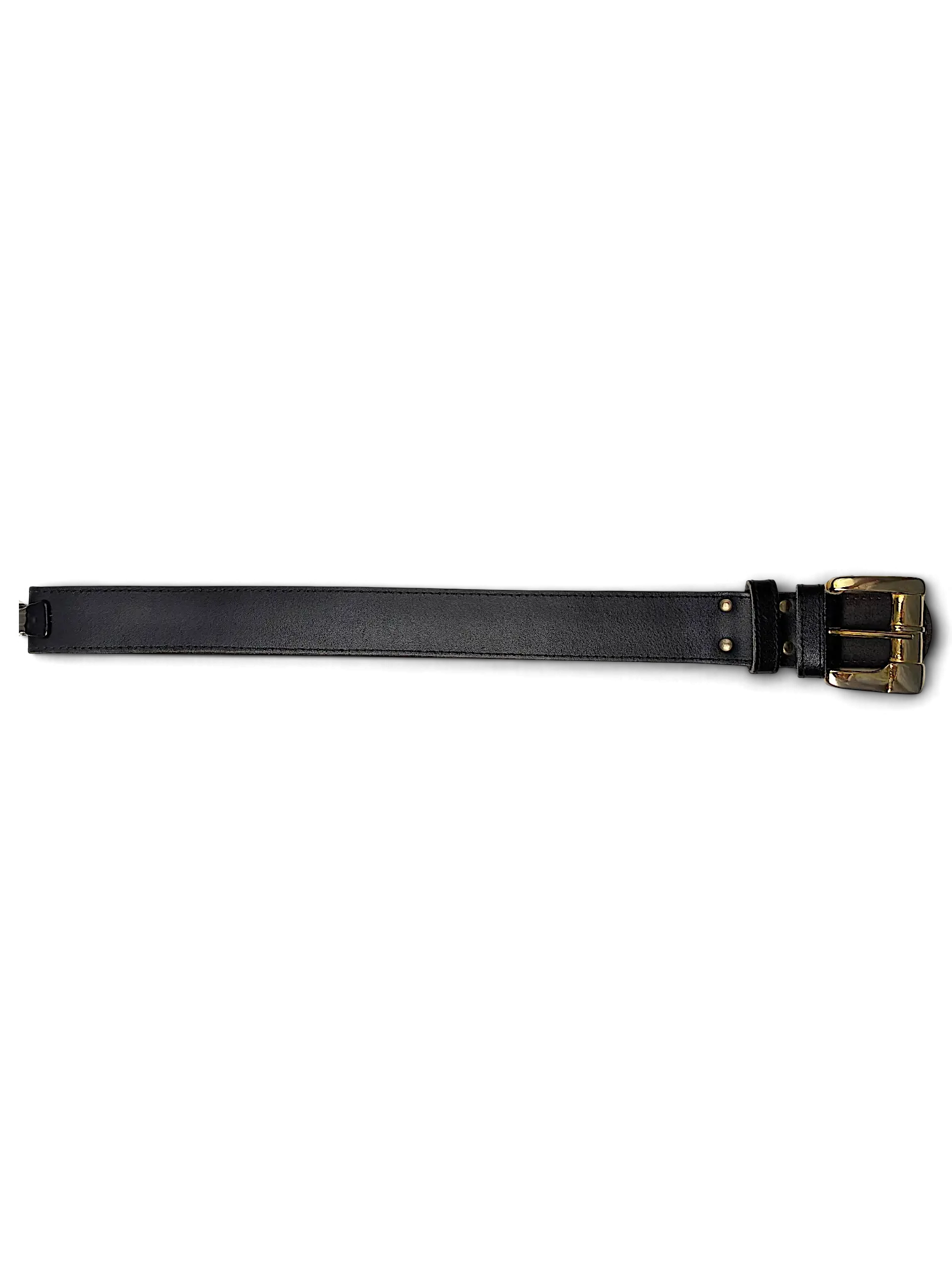 JAKE & IPI black leather belt featuring a polished gold buckle and matching hardware against a white background.