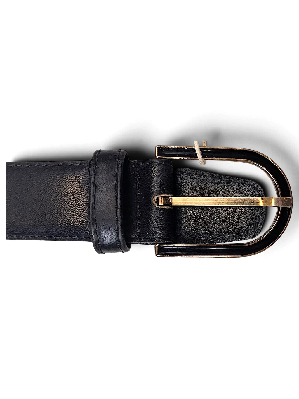 JAKE & IPI black leather belt featuring a gold and black metal buckle against a dark background