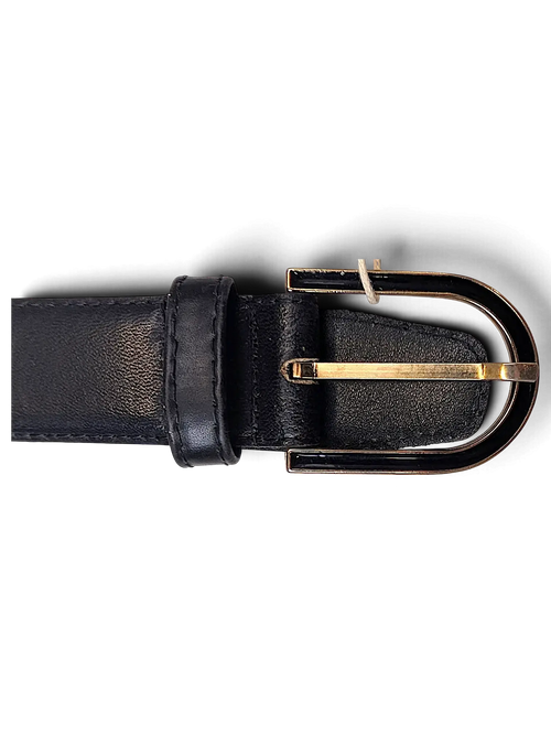 JAKE & IPI black leather belt featuring a gold and black metal buckle against a dark background