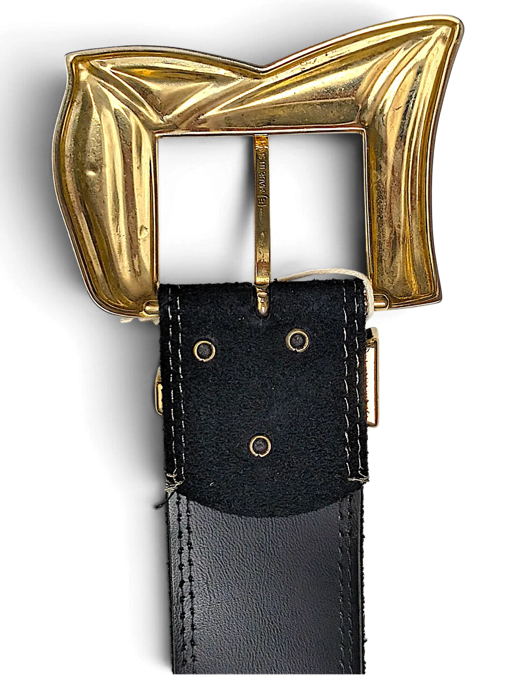 JAKE & IPI Y2K black leather belt featuring a large, sculptural gold-tone metal buckle with intricate detailing.