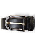 JAKE & IPI black leather belt featuring a unique gold and black metal buckle held in a hand with a store tag.
