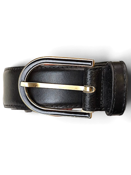 JAKE & IPI black leather belt featuring a unique gold and black metal buckle held in a hand with a store tag.