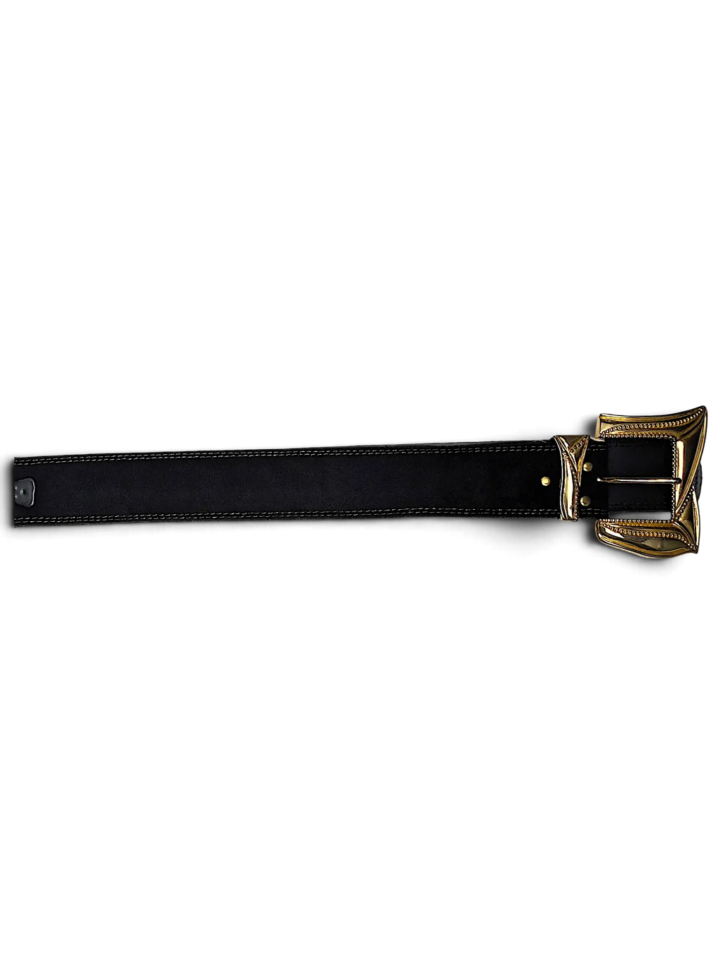 JAKE & IPI Y2K style black leather belt featuring ornate gold-tone buckle hardware and a metal clip attachment.
