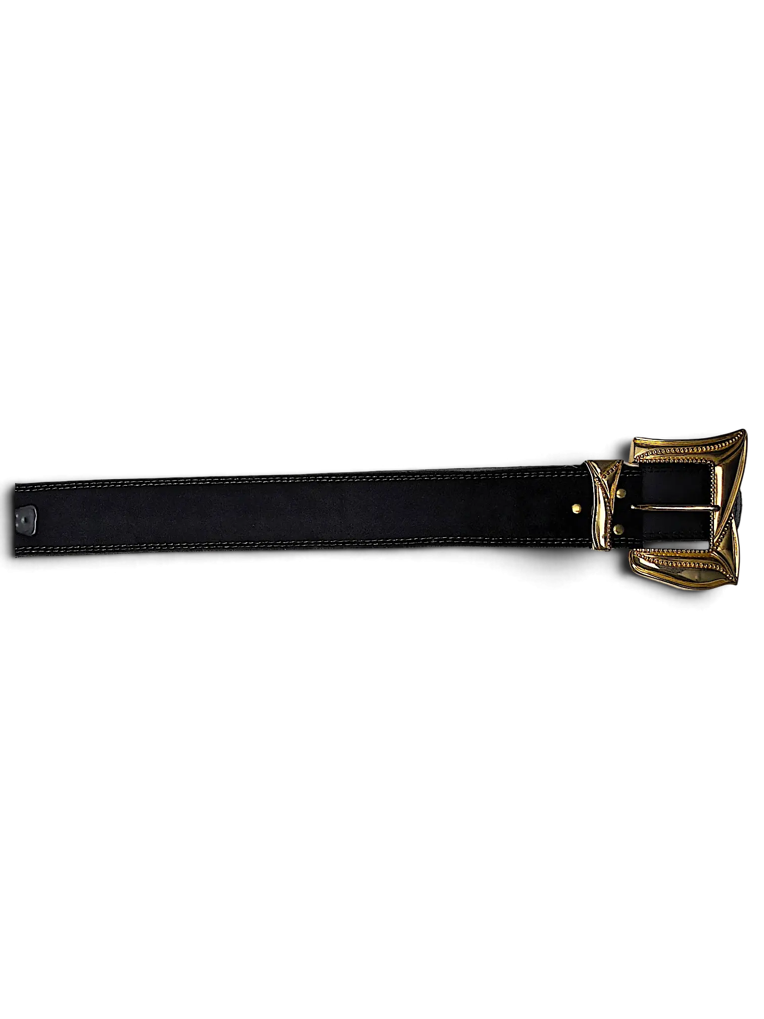 JAKE & IPI Y2K style black leather belt featuring ornate gold-tone buckle hardware and a metal clip attachment.
