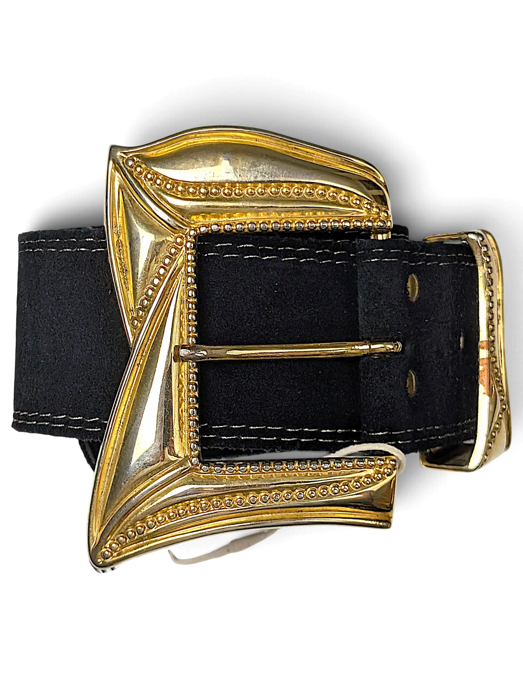 JAKE & IPI Y2K black leather belt featuring an oversized ornate gold buckle with beaded detailing