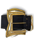 JAKE & IPI Y2K black leather belt featuring an oversized ornate gold buckle with beaded detailing