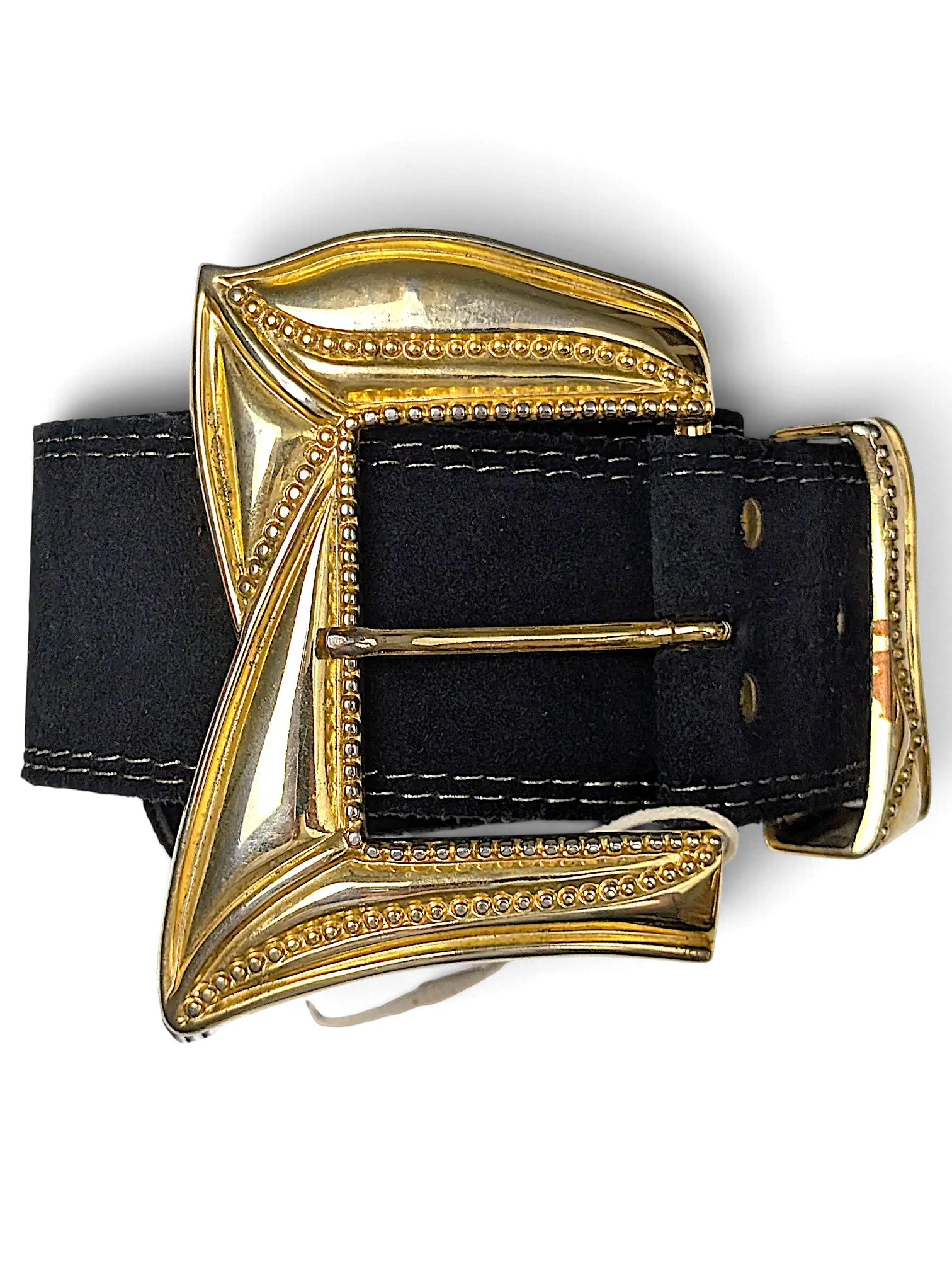 JAKE & IPI Y2K black leather belt featuring an oversized ornate gold buckle with beaded detailing