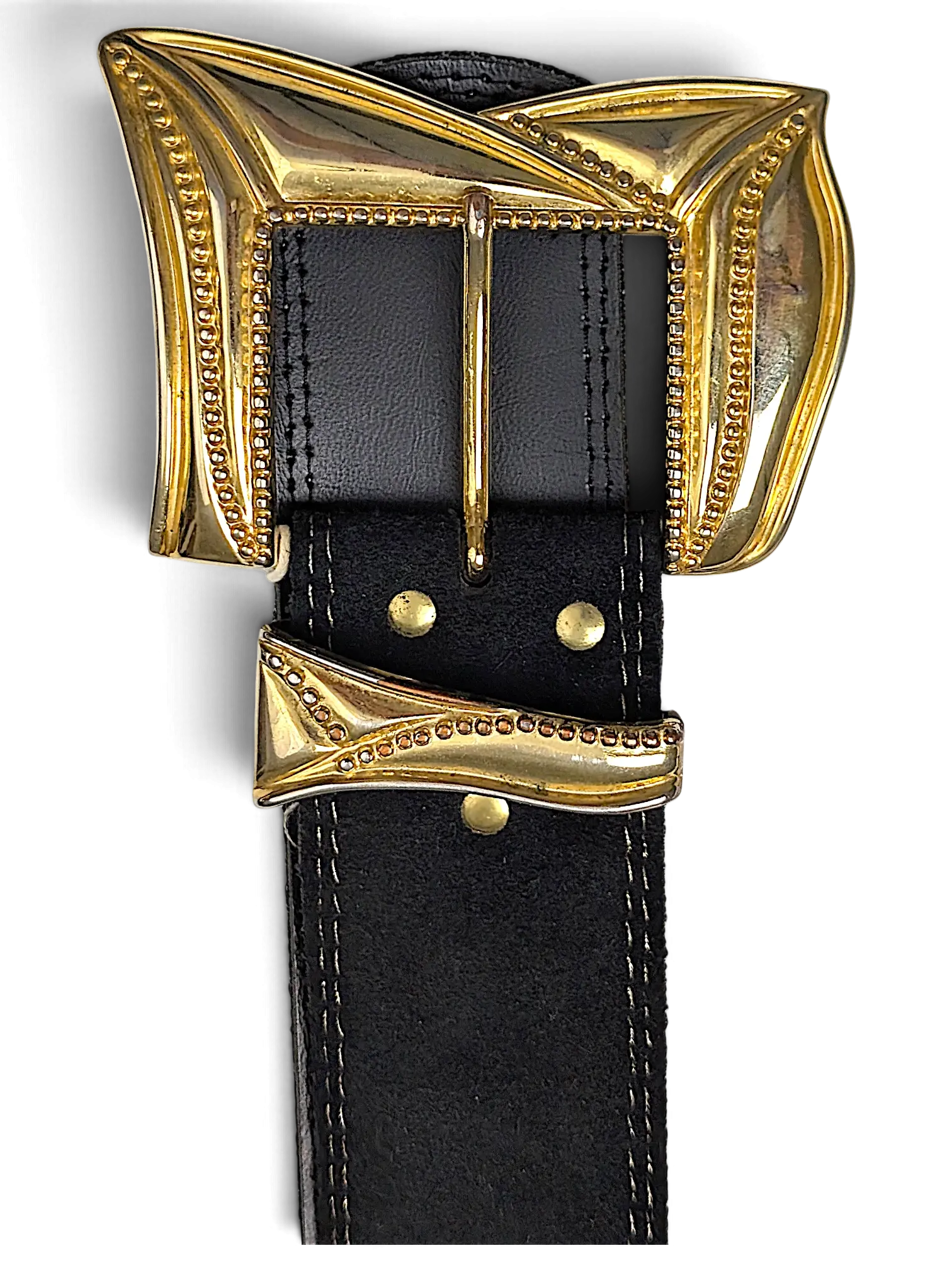 JAKE & IPI Y2K style black leather belt featuring an ornate gold buckle and matching gold hardware accents.