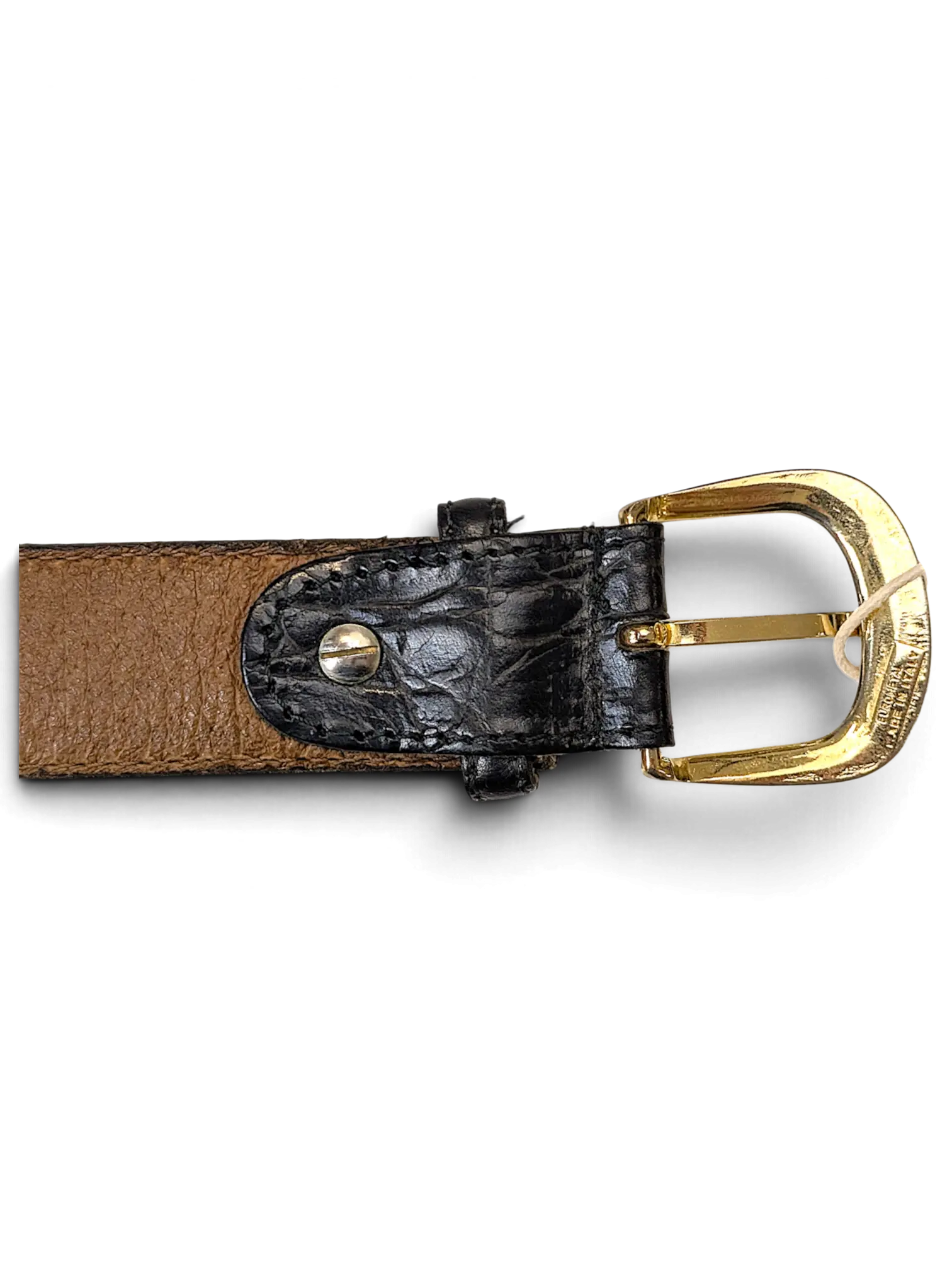 JAKE & IPI black leather belt featuring a textured animal print finish and a polished gold-tone metal buckle.