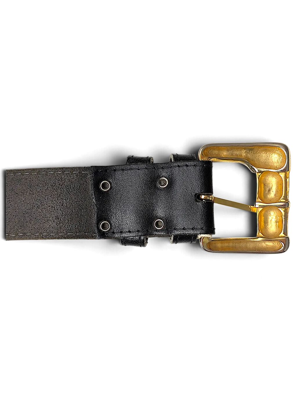 JAKE & IPI black leather belt featuring a chunky gold-toned metal buckle with decorative rivets