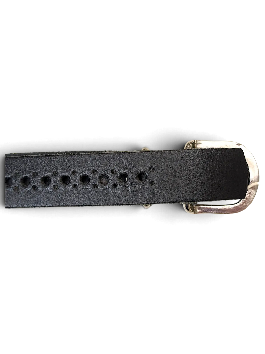 JAKE & IPI black leather belt featuring a row of decorative circular cut-out holes and a silver metal buckle