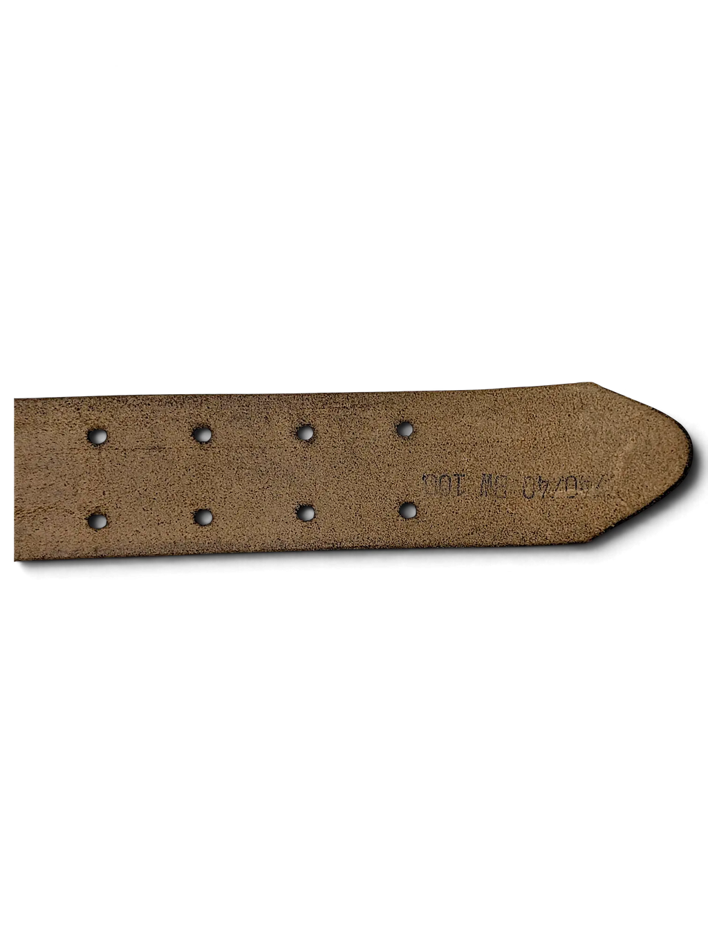 JAKE & IPI black leather belt showing the inner side with double row of adjustment holes and stamped size details