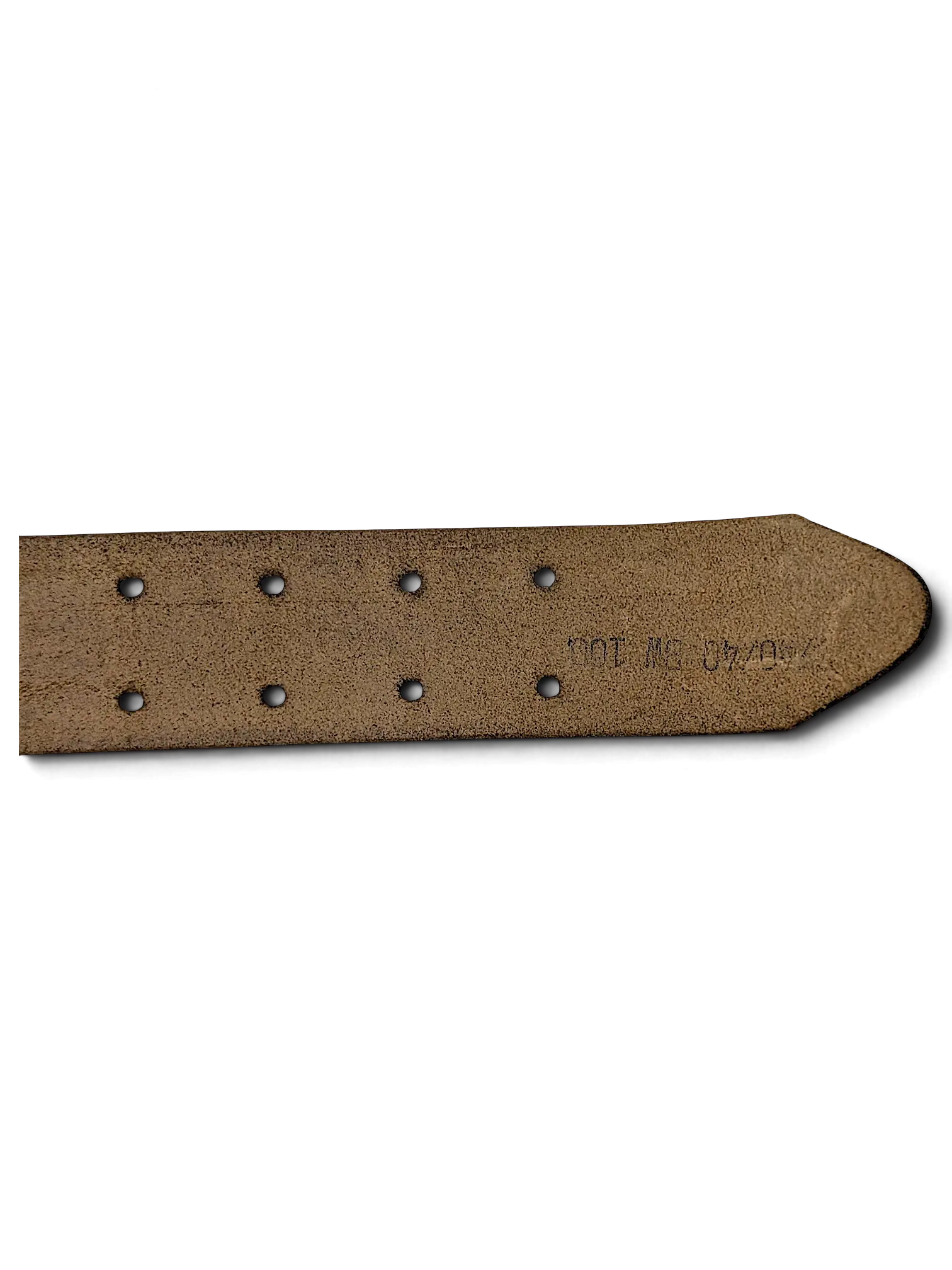 JAKE & IPI black leather belt showing the inner side with double row of adjustment holes and stamped size details