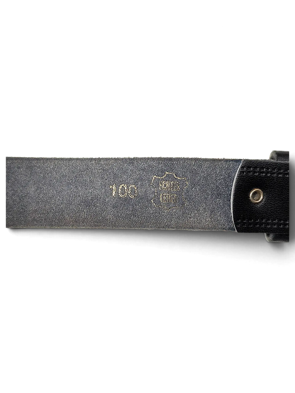 JAKE & IPI slim black leather belt showing the inner side with size 100 and genuine leather stamp