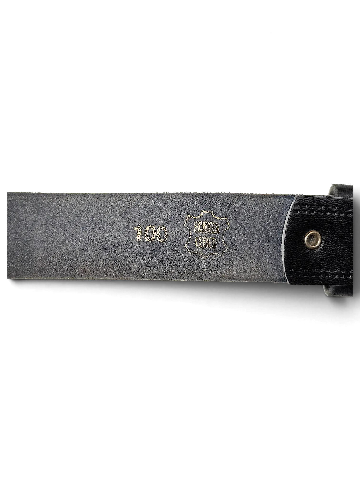JAKE & IPI slim black leather belt showing the inner side with size 100 and genuine leather stamp