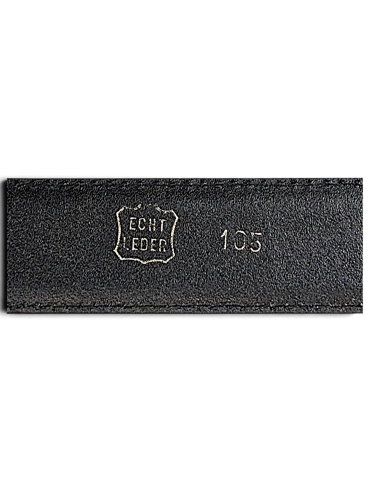 JAKE & IPI black leather belt interior showing Echt Leder stamp and size 105