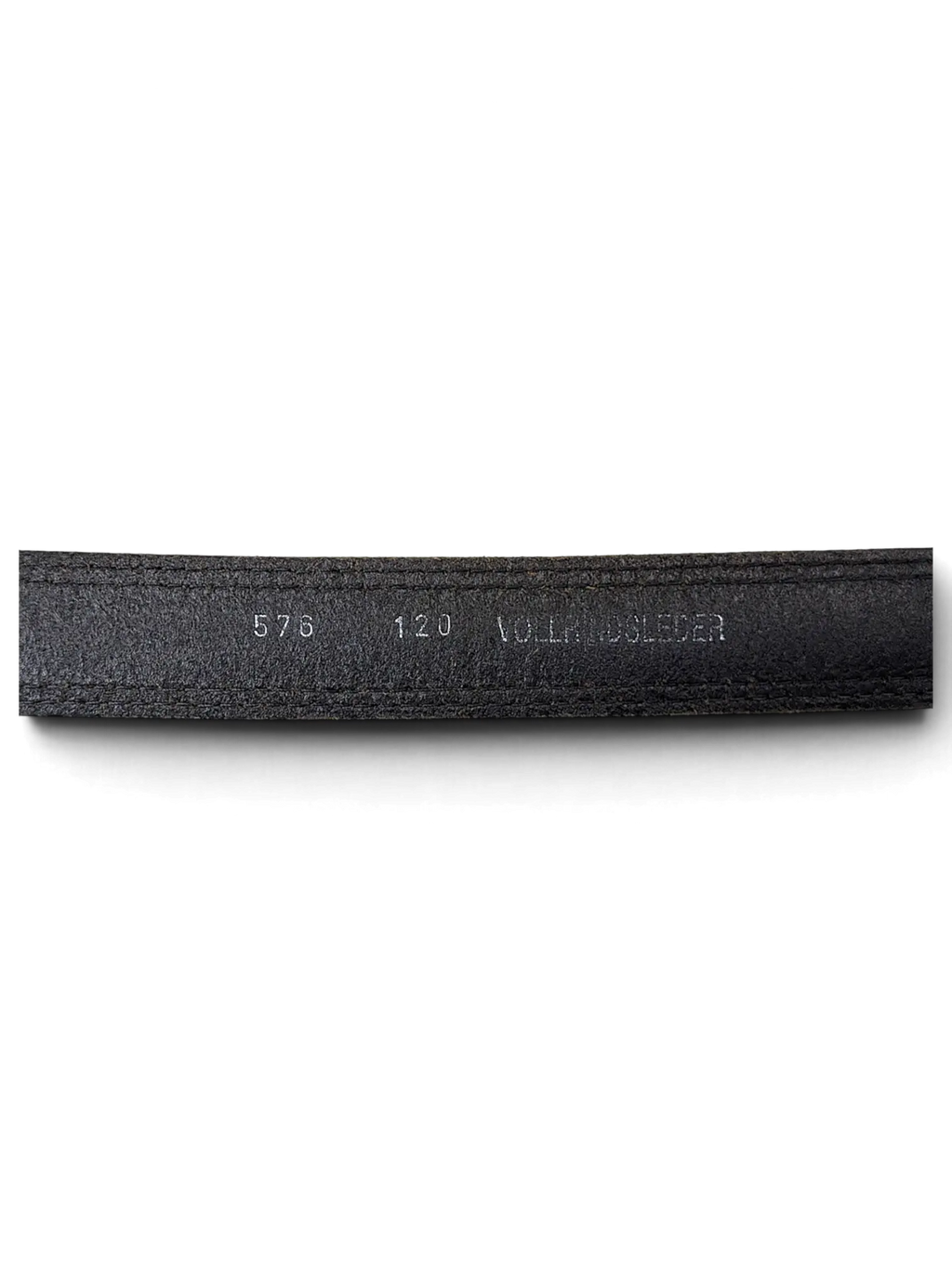 JAKE & IPI black full-grain leather belt interior showing stamped size 120 and Vollrindsleder text