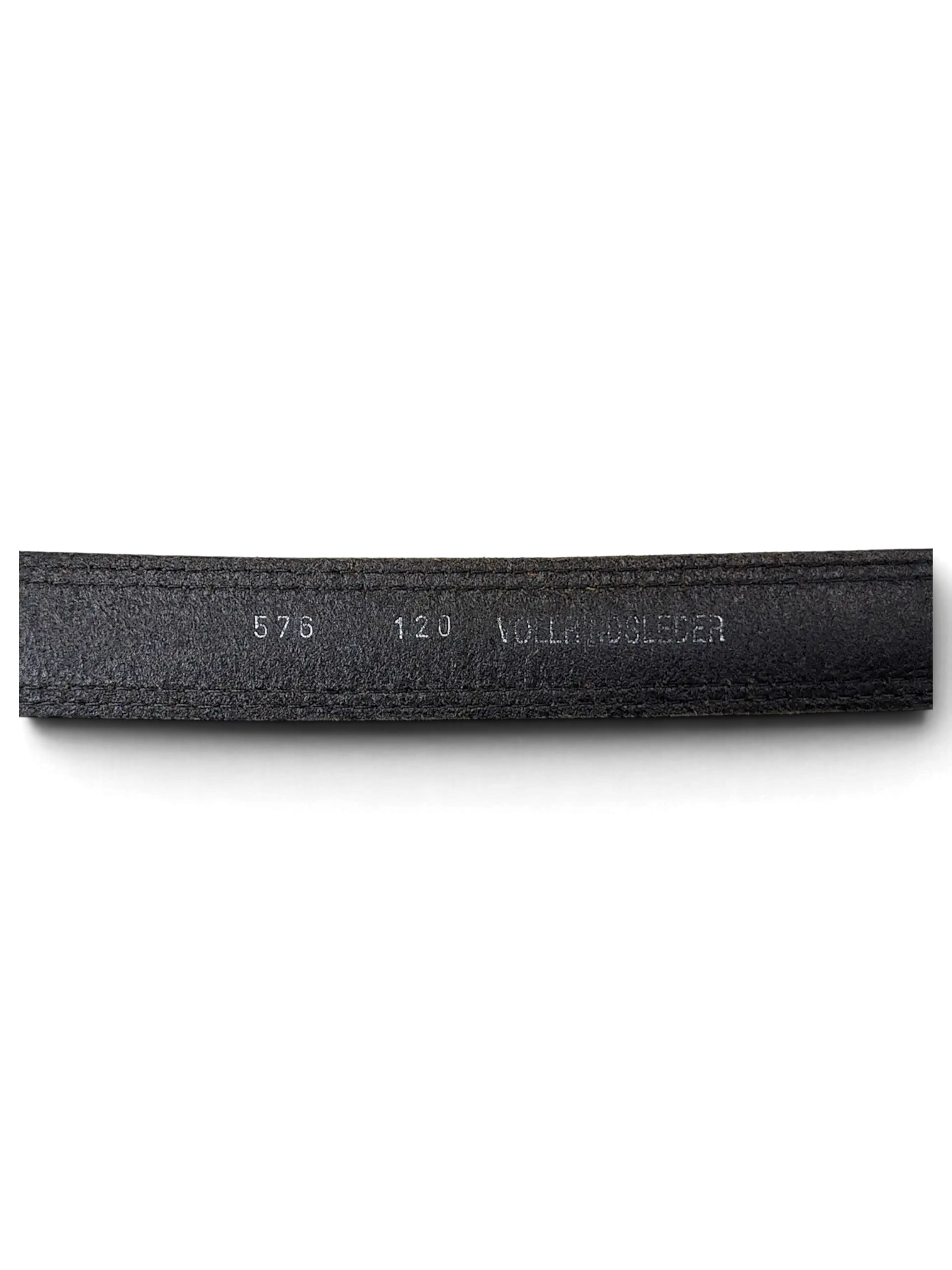 JAKE & IPI black full-grain leather belt interior showing stamped size 120 and Vollrindsleder text