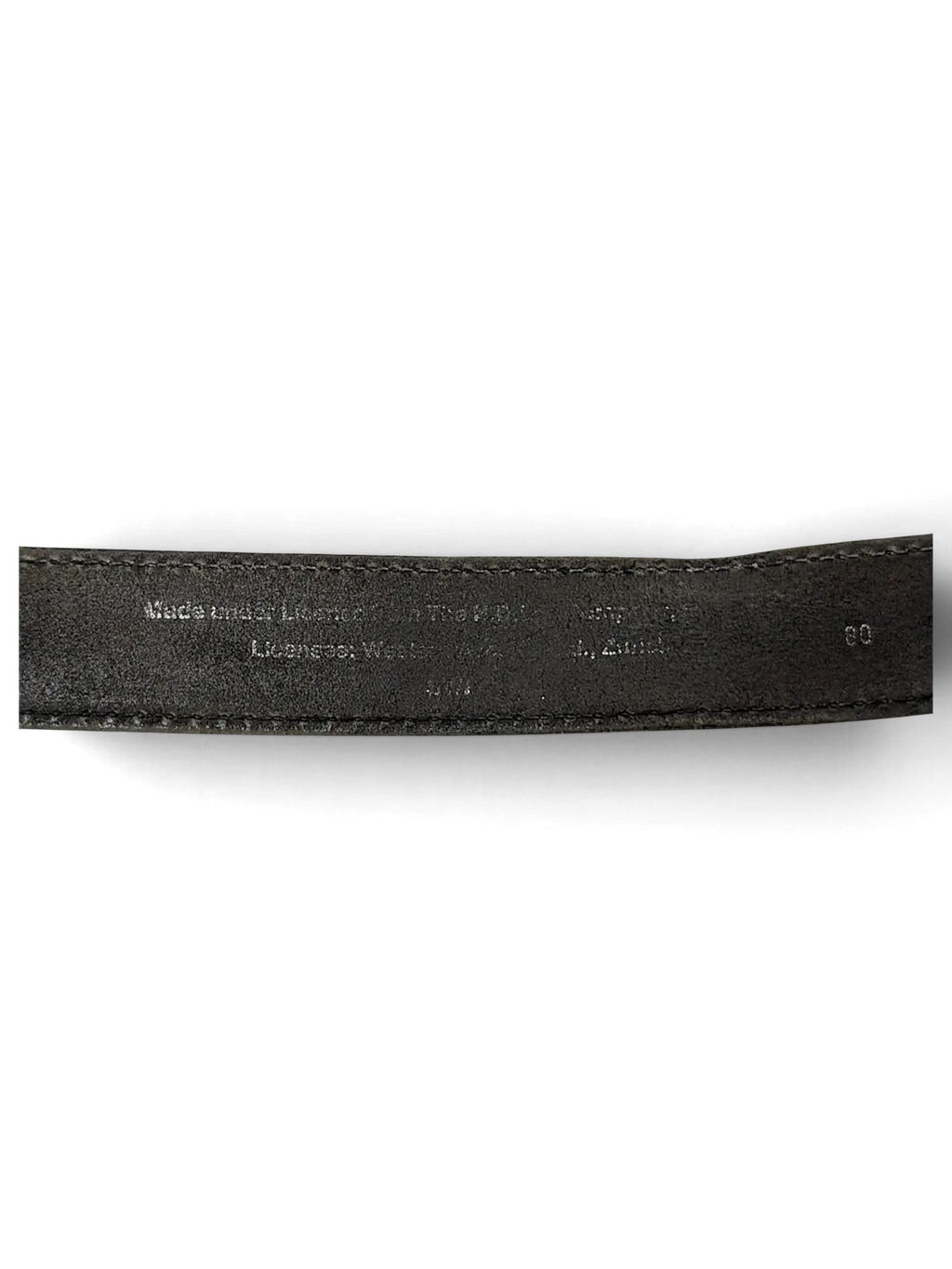 JAKE & IPI Lee black leather belt showing the interior stamped branding and size details