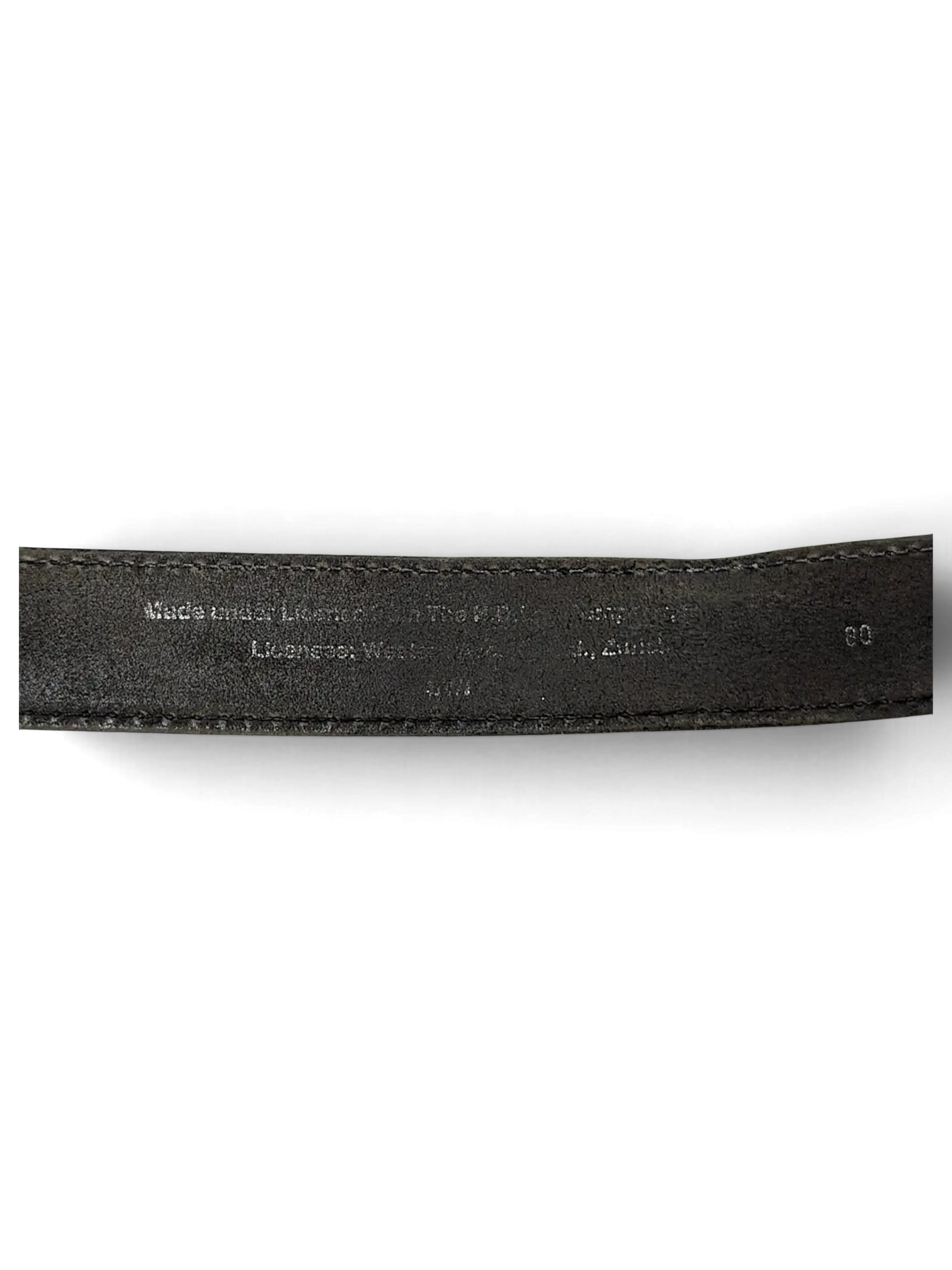 JAKE & IPI Lee black leather belt showing the interior stamped branding and size details