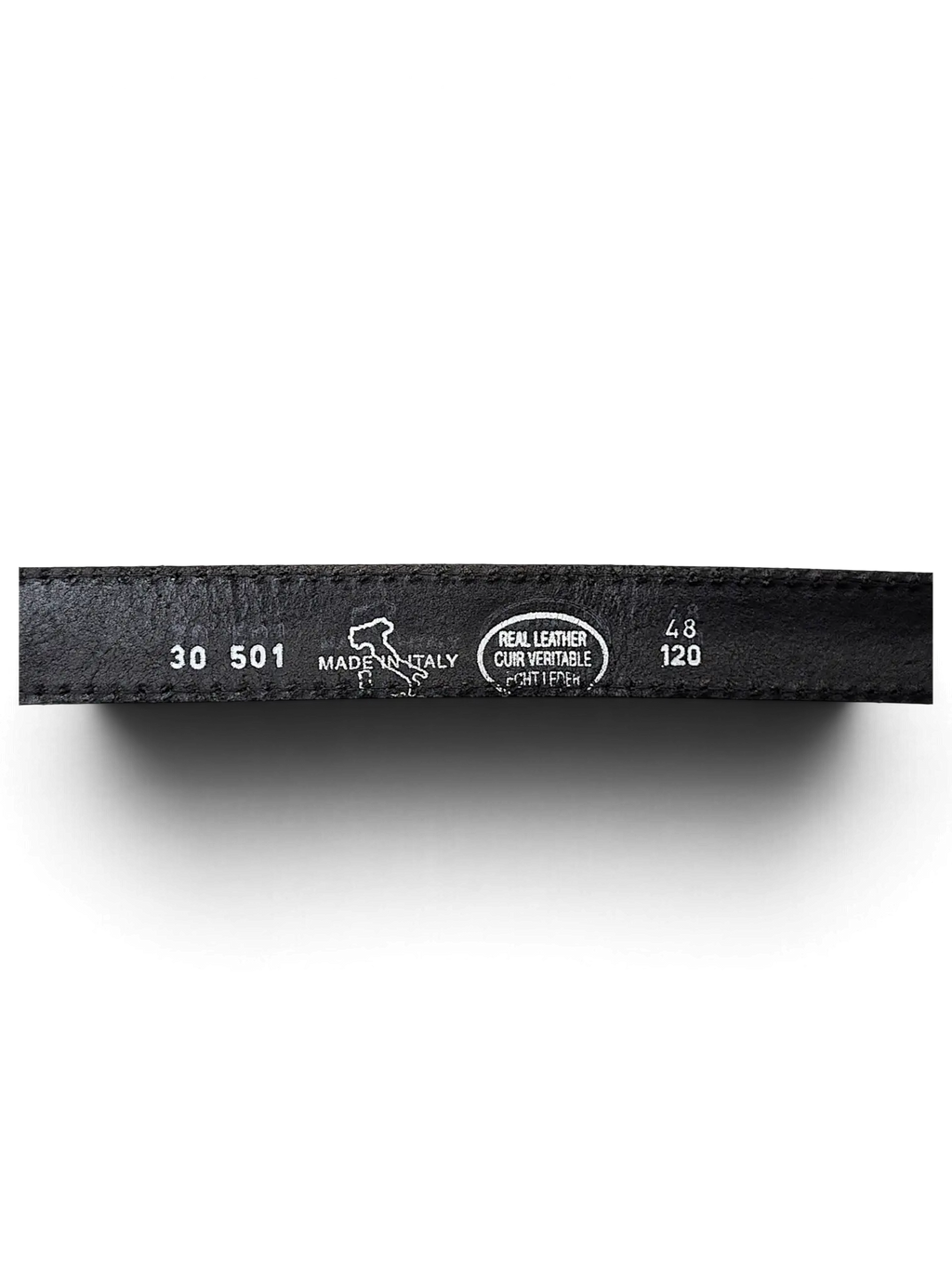 JAKE & IPI Apis black leather belt interior showing Made in Italy and real leather stamps
