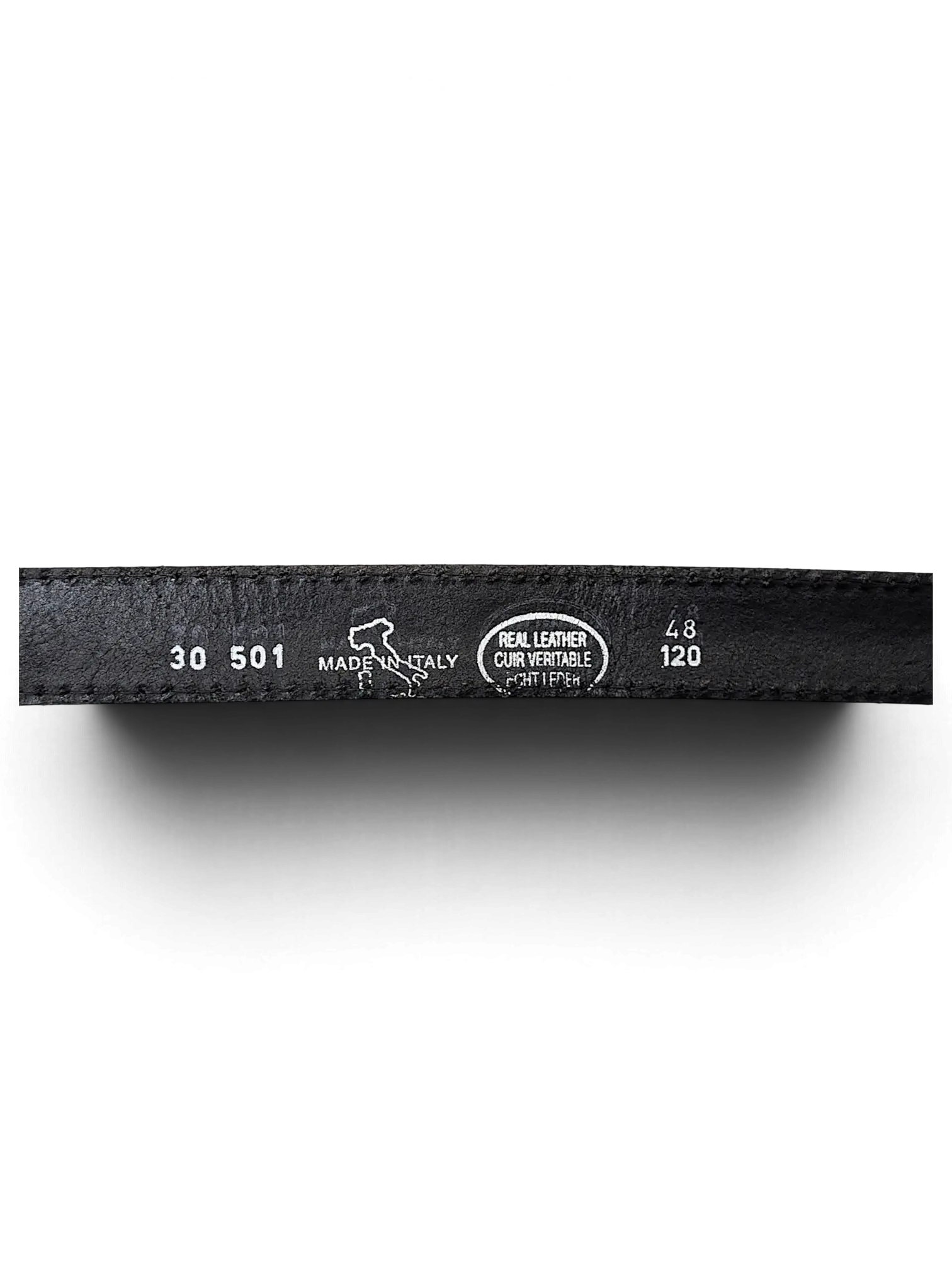 JAKE & IPI Apis black leather belt interior showing Made in Italy and real leather stamps