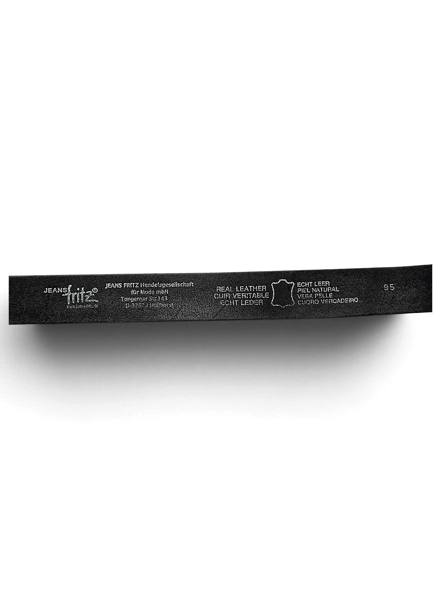 JAKE & IPI black leather belt inner strap detail showing Jeans Fritz branding and material information