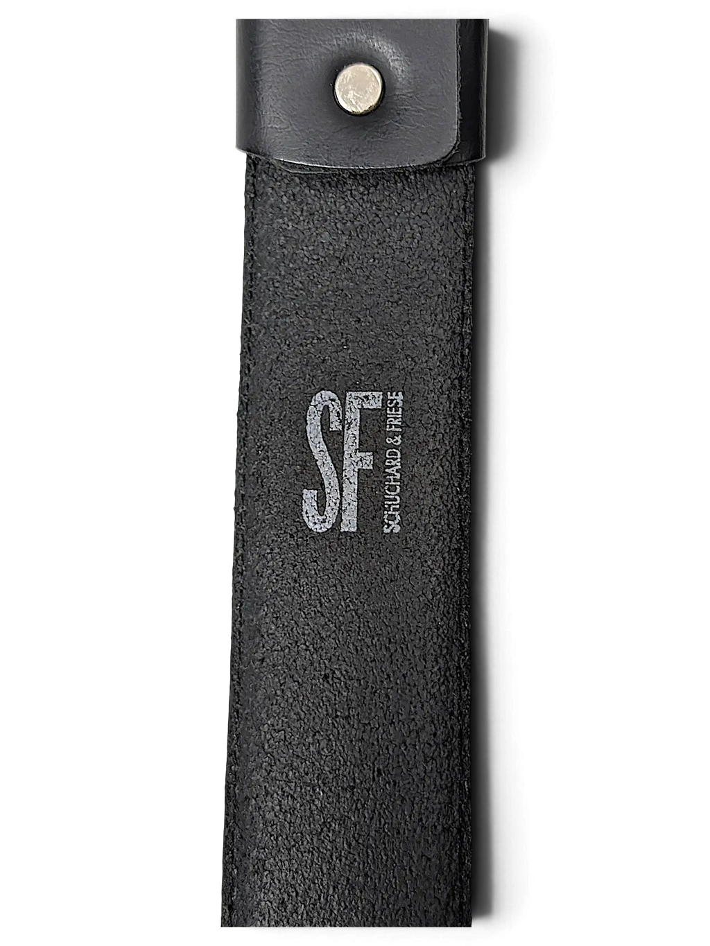 JAKE & IPI black leather belt featuring an embossed SF Schuchard & Friese logo and a silver metal stud detail.