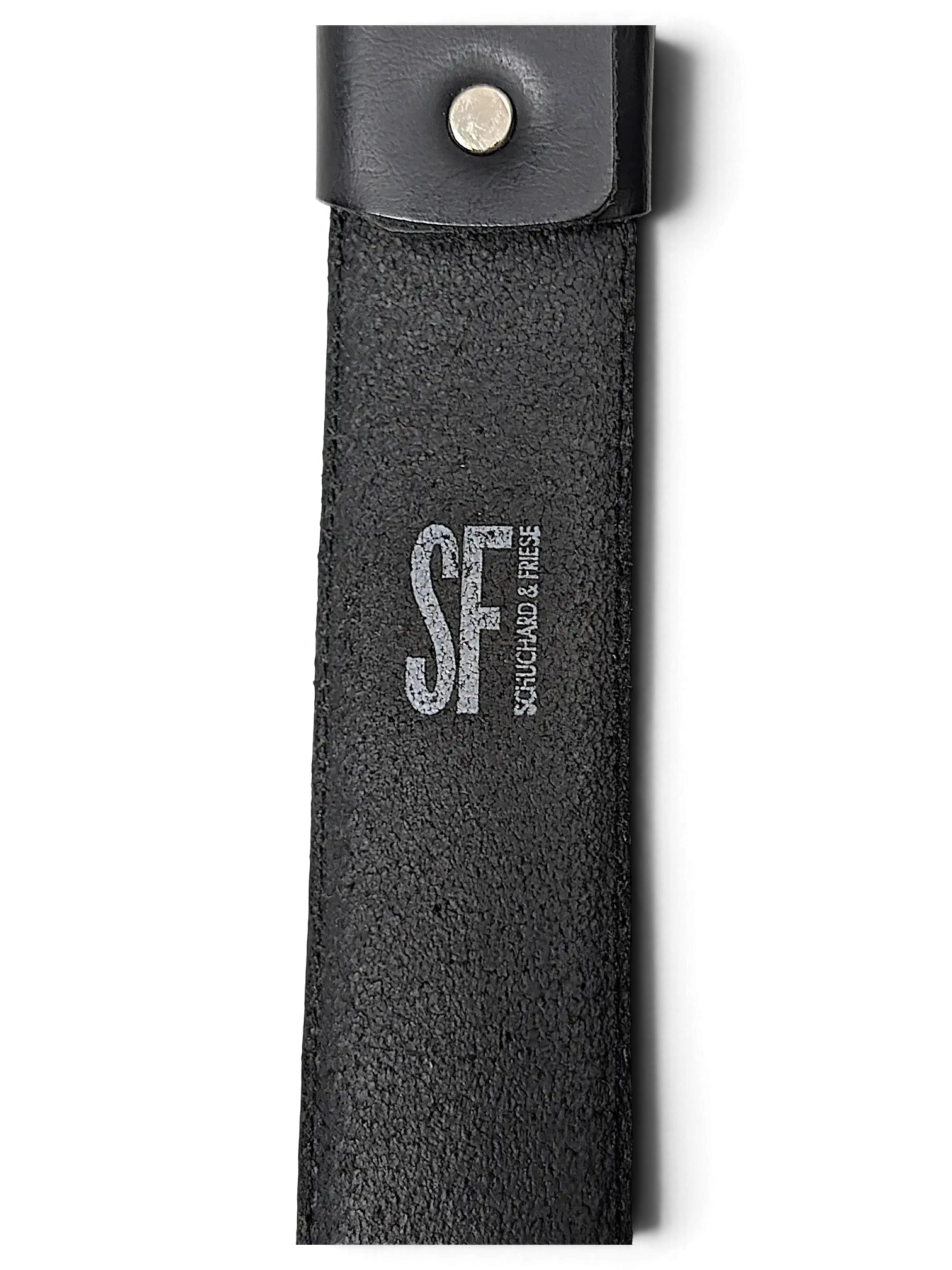 JAKE & IPI black leather belt featuring an embossed SF Schuchard & Friese logo and a silver metal stud detail.