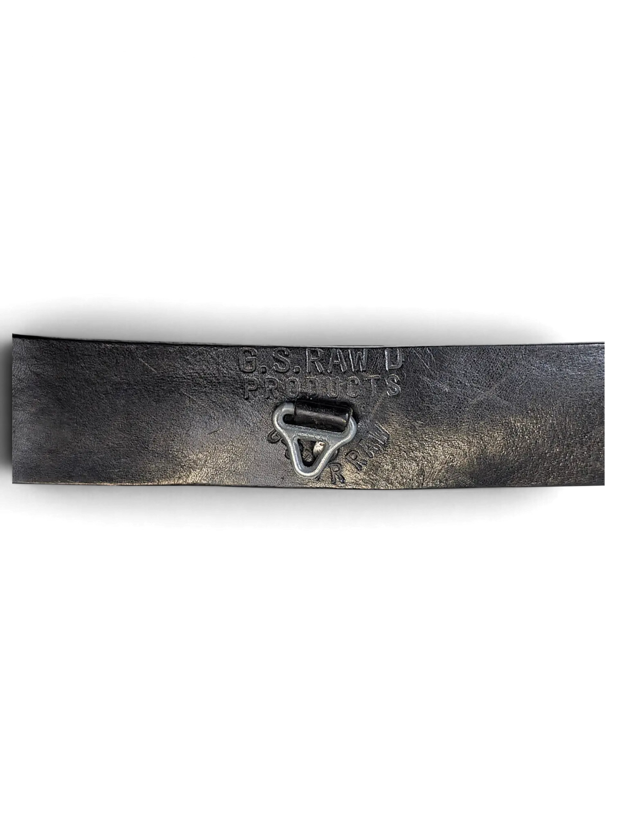 JAKE & IPI black leather belt featuring G.S. Raw Products embossed logo and a triangular metal hardware detail.