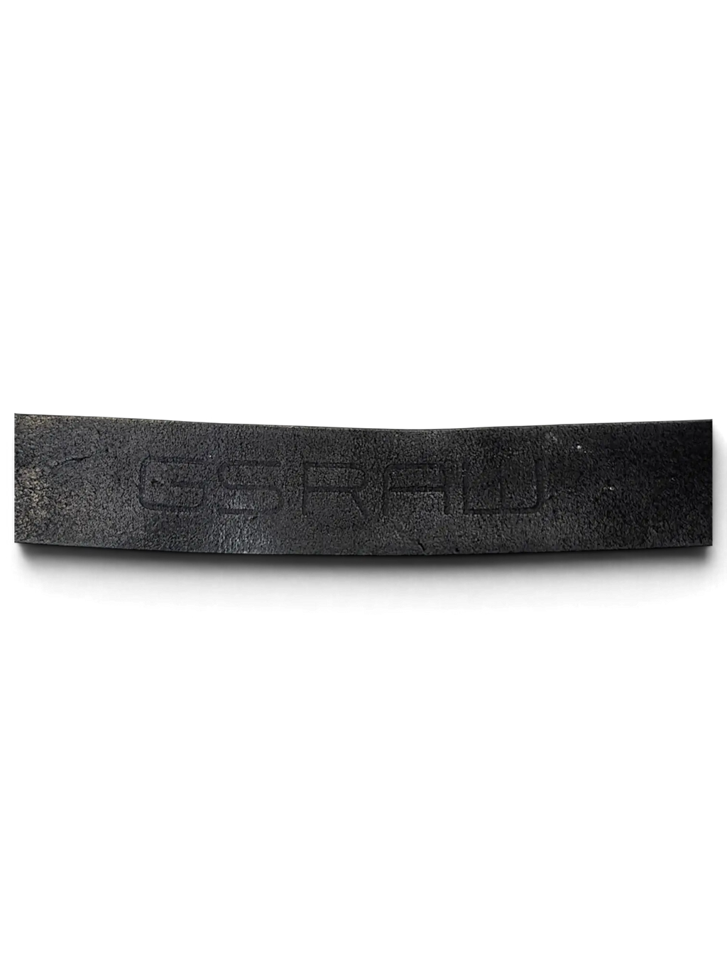 JAKE & IPI G.S. Raw black leather belt featuring an embossed logo detail on the strap