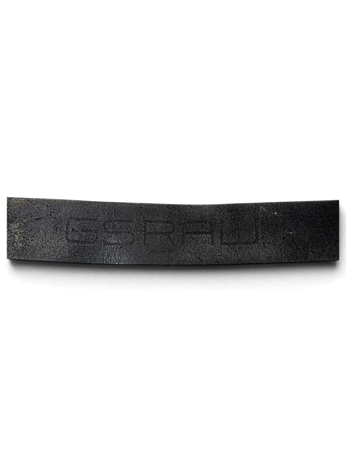 JAKE & IPI G.S. Raw black leather belt featuring an embossed logo detail on the strap