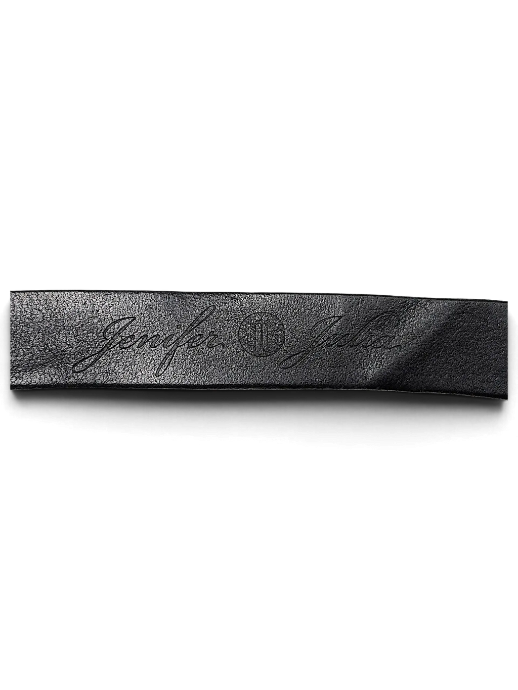 JAKE & IPI black leather belt featuring an embossed Jennifer Julia logo and script detail on the strap.