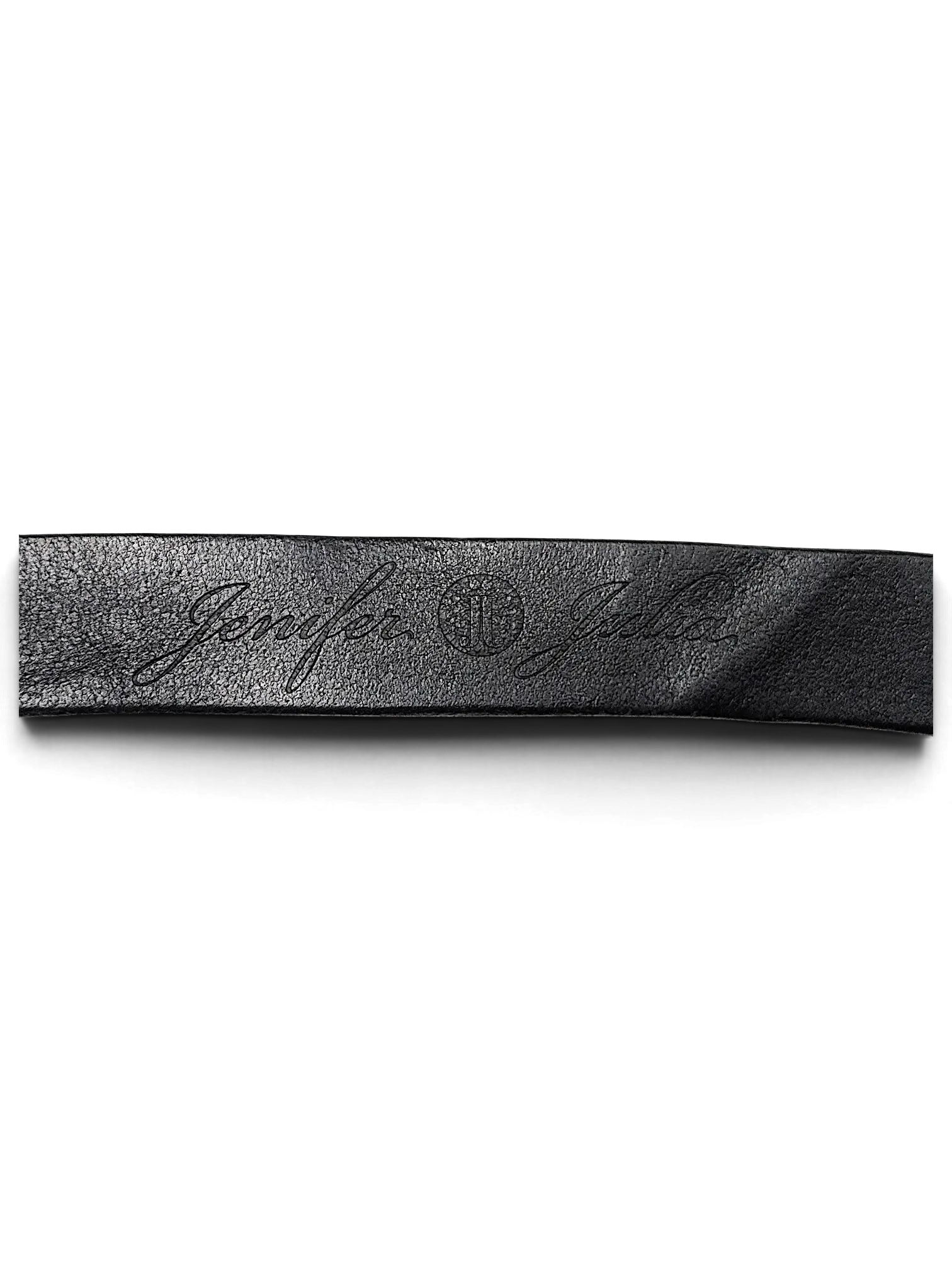 JAKE & IPI black leather belt featuring an embossed Jennifer Julia logo and script detail on the strap.