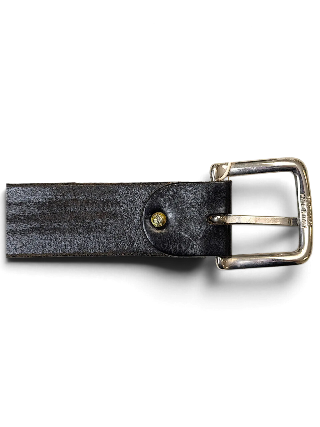 JAKE & IPI black leather belt with a silver metal buckle, handcrafted in Italy with a classic pin closure.