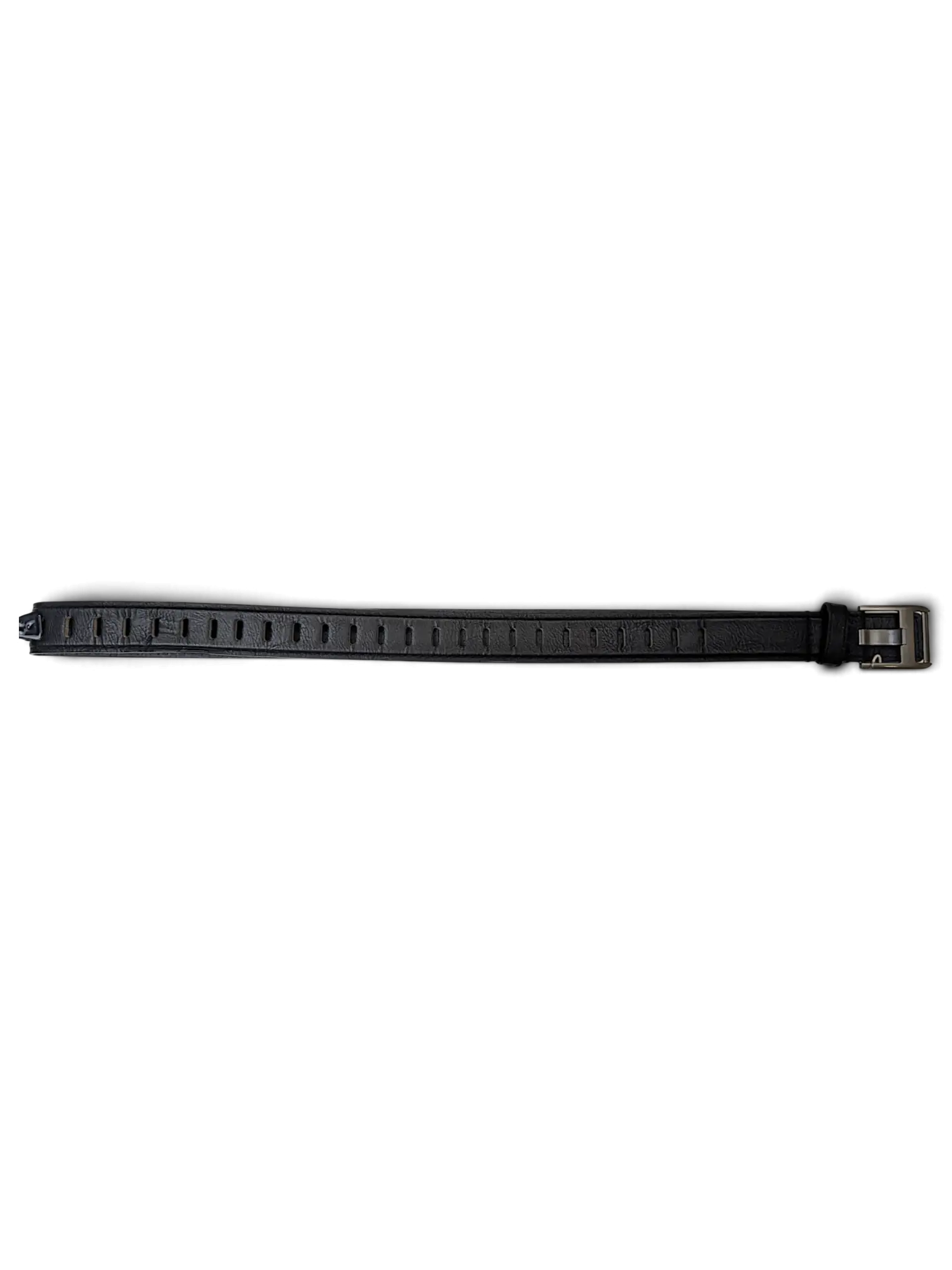 JAKE & IPI black leather belt featuring a series of oval-shaped holes and a metallic buckle on a white background.