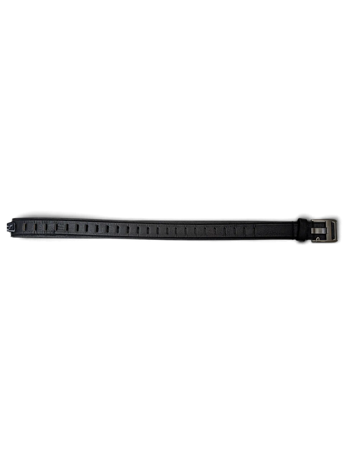 JAKE & IPI black leather belt featuring a series of oval-shaped holes and a metallic buckle on a white background.
