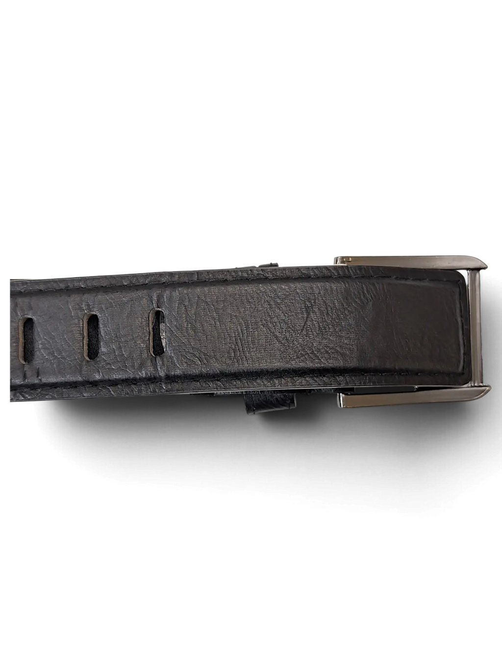 JAKE & IPI black leather belt featuring a gunmetal buckle and distinct oval-shaped adjustment holes