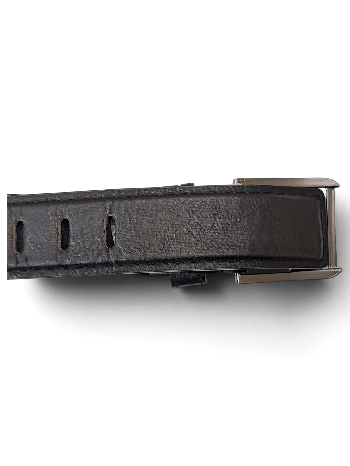 JAKE & IPI black leather belt featuring a gunmetal buckle and distinct oval-shaped adjustment holes