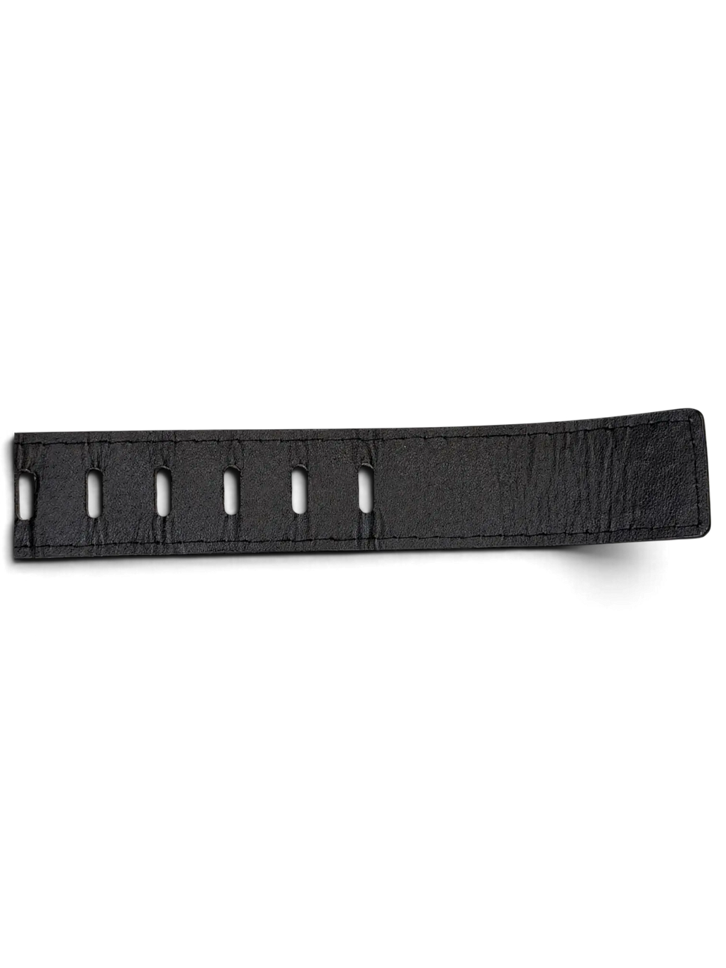 JAKE & IPI black leather belt featuring a row of distinct oval-shaped holes and reinforced edge stitching.