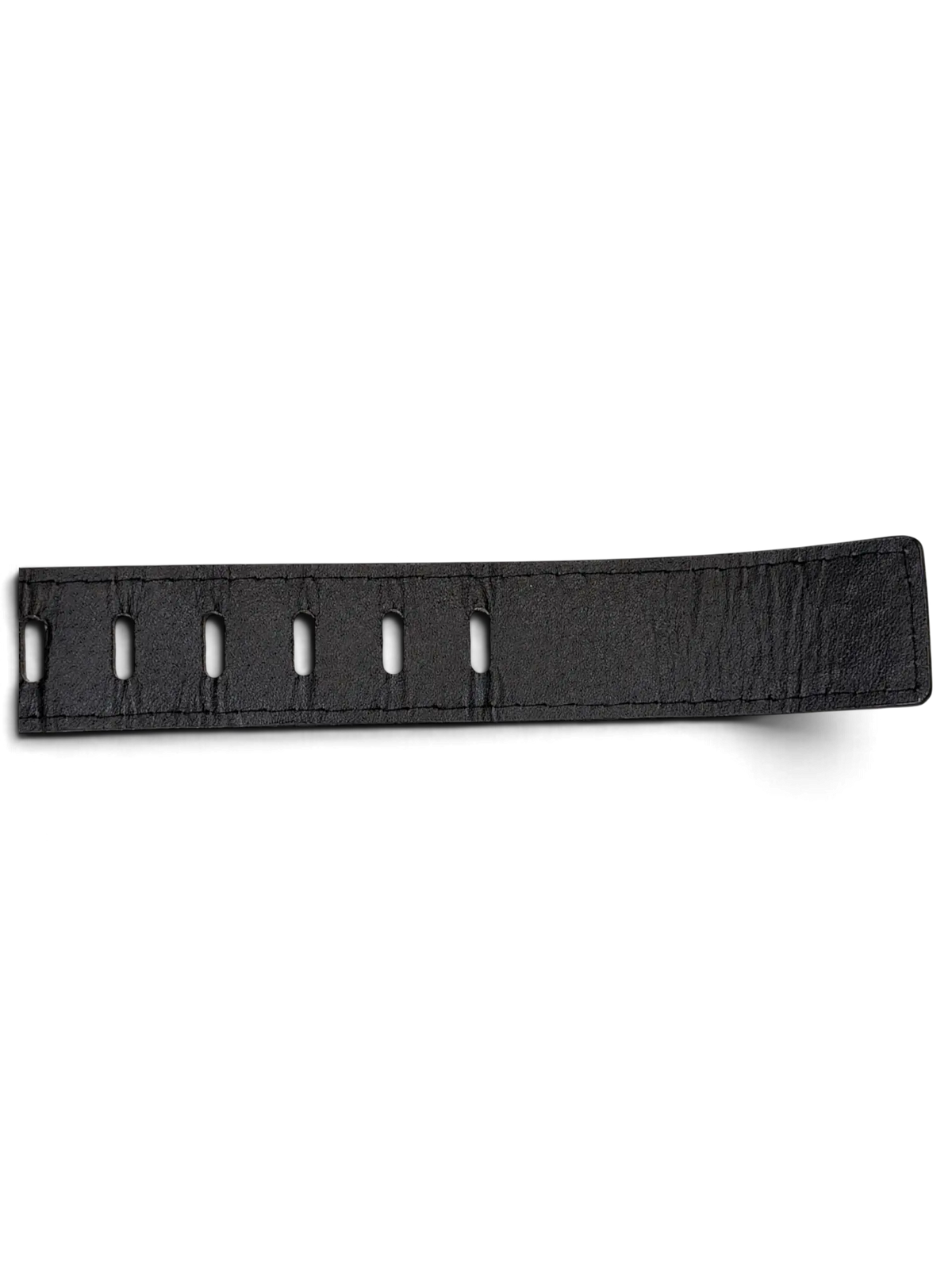 JAKE & IPI black leather belt featuring a row of distinct oval-shaped holes and reinforced edge stitching.
