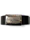 JAKE & IPI black leather belt featuring a silver rectangular buckle engraved with The Best text