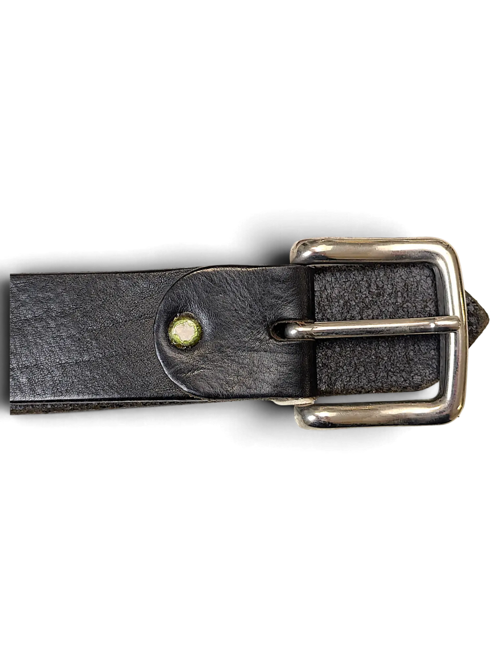 JAKE & IPI black leather belt with a silver metal buckle and a green accent detail on the strap