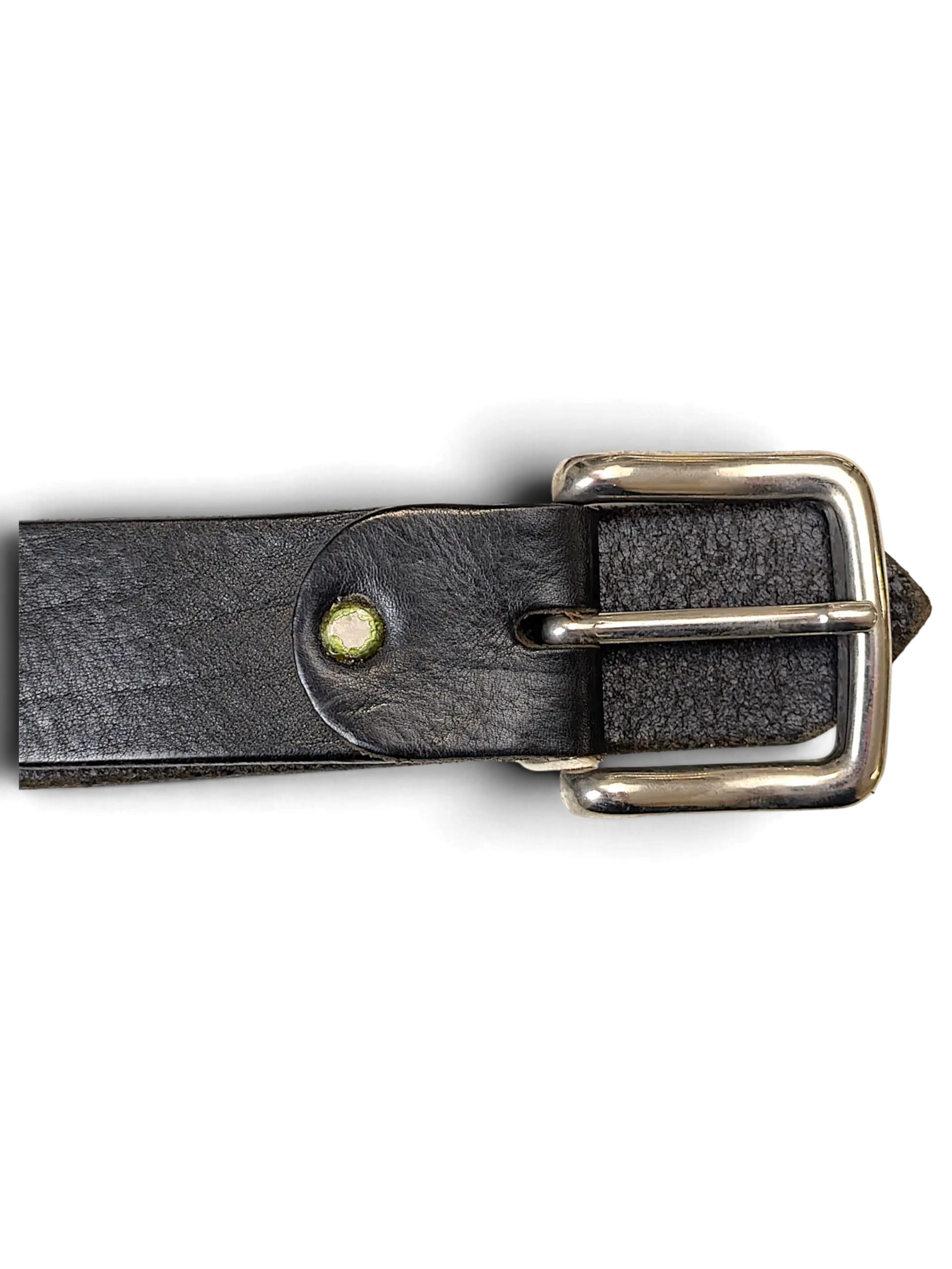 JAKE & IPI black leather belt with a silver metal buckle and a green accent detail on the strap