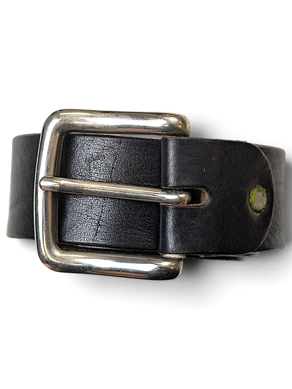 JAKE & IPI black leather belt with a polished silver-tone metal buckle held in a hand