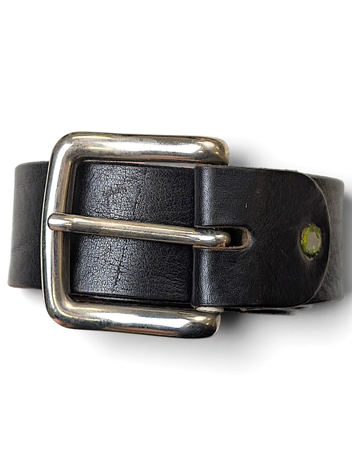JAKE & IPI black leather belt with a polished silver-tone metal buckle held in a hand