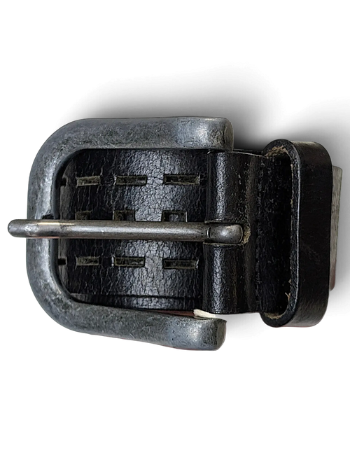 JAKE & IPI black leather belt featuring a distressed metal buckle and unique square-shaped adjustment holes.