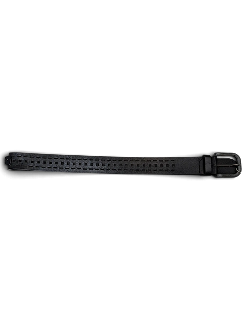 JAKE & IPI black leather belt featuring a decorative pattern of square cut-out holes and a dark metal buckle.